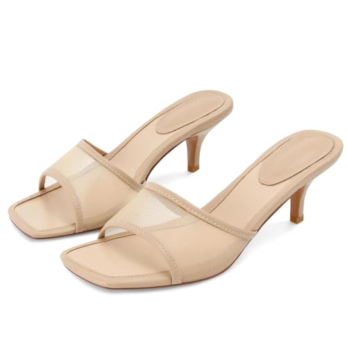 Image of Dsevht Black Kitten Heel Sandals Stiletto Low Heels Slip On Slides Mule Sandal Square Open Toe Dress Shoes for Women