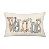 Asamour Welcome Throw Waist Lumbar Pillow Covers with Wood Quote Words 12x20 Inch Rectangular Accent Pillowcase Rustic Farmhouse Blue Gray Decorative Cushion Case for Home Sofa Bed Couch
