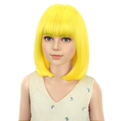 Image of PATTNIUM Kids Yellow Wig Child Yellow Bob Wig for Girls Colored Wigs Cosplay Party Synthetic Rose Net Daily Wear Wigs