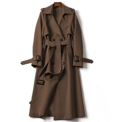 Women Casual Long Trench Windproof Coat with Belt Solid Colour Double-Breasted Lapel Collar Windbreaker Jacket Spring Autumn Coat Outerwear