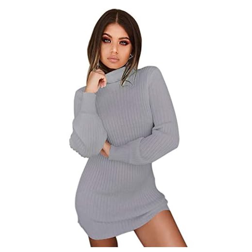Uni-Wert Stickad klänning för damer, elegant stretch, tröjklänning, långärmad stickad tröja, polotröja, miniklänning, ledig, varm, omlottklänning, enfärgad, damtröja, klänning, GRÅ, S