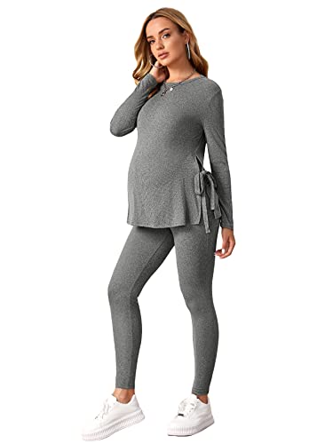 Image of OYOANGLE Women's Maternity Rib Knit Round Neck Knot Side Tee Tops and Leggings Pants Sets