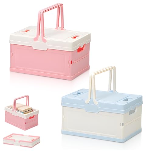 Tianher Storage Box, 2 Pcs Cajas Almacenaje Plastico Cajas De Plastico Con Tapa Caja Plegable Almacenaje Caja De Almacenamiento Apilables Adecuado Para Cocina Dormitorio Baño (Azul Rosa)
