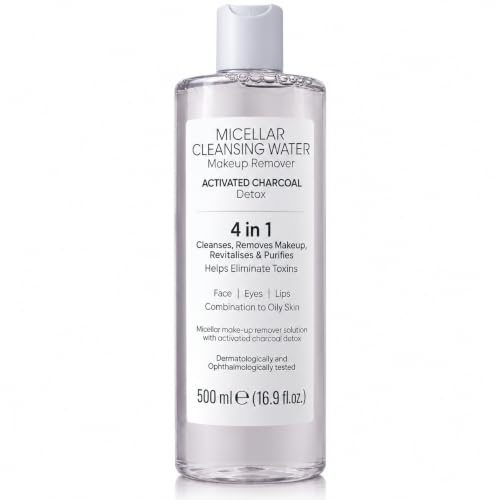 Image of HiFEN® Charcoal Detox Micellar Cleansing Water 500ml, 4-in-1 Makeup Remover for Face, Eyes & Lips with Activated Bamboo Charcoal, No-Rinse Deep Cleansing Formula for Oily & Combination Skin, Pack of 1