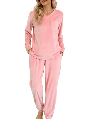 Vlazom Langarm Schlafanzug Flanell Pyjama Set Winter Hausanzug Lang Zweiteiliger Schlafanzug(S,Rosa)