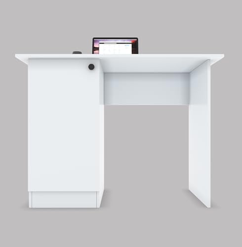 Image of CREATIVE QUBE 55 * 120 * 75 CM Engineered Wood Office Desk with Closed Cabinet & Storage Shelves for Storing Books, Stationery | Tabloft Executive Table for Office | 1 Year Warranty- Everest White