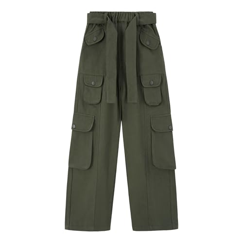 Image of Rolanko Girls Cargo Pants Baggy Y2K Cargo Trousers Jeans Wide Leg Pants with Multi Pockets 4-15 Years
