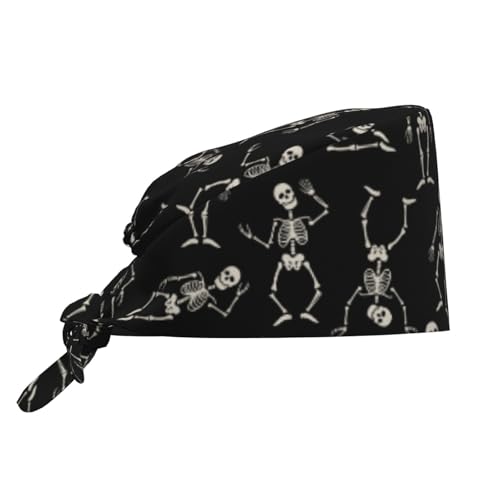 Dancing Skeletons Black Skull Adjustable Working Cap Breathable Unisex Women Men Elastic Bandage Tie Back Hats Scrub Nursing Doctor Surgeon Cap