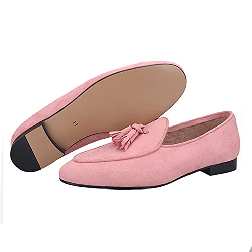 HI&HANN 2021 New Pink Color Velvet Tassel Men Loafers British Style Classic Men Smoking Slippers for Wedding and Party Plus Size2
