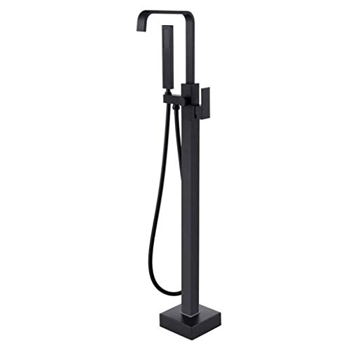 Système de douche noir sur pied pour baignoire avec mitigeur cascade et pommeau laiton