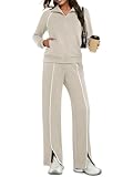 Casly Lamiit Two Piece Outfits for Womens Fall Casual Lounge Set Travel Sweatsuit Zip Up Sweatshirt Wide Leg Pant Striped Airport Clothes Dark Beige S