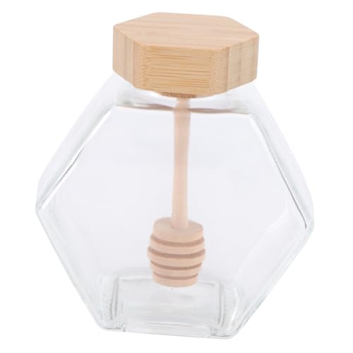 Garneck Tarro de Vidrio para Miel con Diseño Hexagonal y Tapa de Madera Frasco Transparente con Cucharilla para Envase Ecológico para Cocina para Almacenar y Servir Miel o Reutilizable