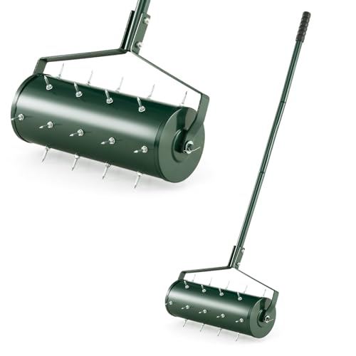 RELAX4LIFE Arieggiatore per Prato con Rullo da 44 cm/52 cm, 27/33 Punte Antiruggine da 3,4 cm, Aeratore da Prato con Manico Lungo, Ideale per Cortili, Giardini e Prato (Larghezza: 44 cm, Verde)