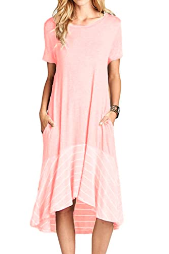 Image of Jayscreate Women's Casual Summer Dress Midi Length T Shirt Tunic Short Sleeve Crew Neck Long Beach Dress Loose Fit with Pockets Off Pink