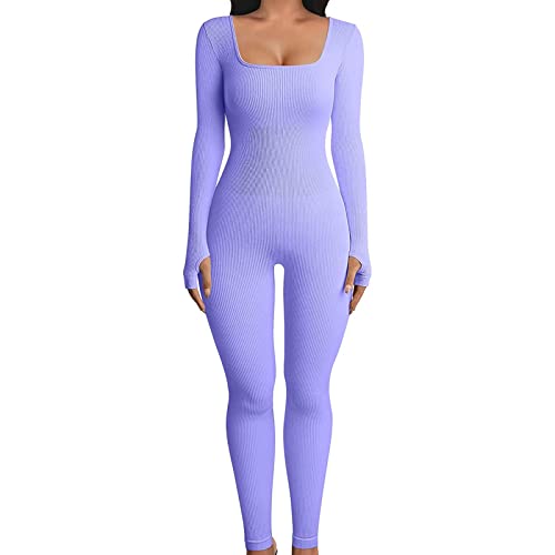 FeMereina Women's Sexy Bodycon Long Sleeve Square Neck One Piece Romper Ribbed Knit Yoga JumpsuitWorkout Unitard Playsuit Backless Cute Club (Purple, S)