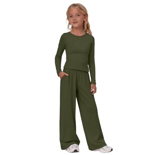 Image of Girls 2 Piece Outfits Kids Casual Athletic Co Ord Sets Teens Long Sleeve Crop Top Wide Leg Pants Tracksuit Cute Plain Clothing Set Soft Breathable Sweatsuit (Blackish Green, 10-11 Years)