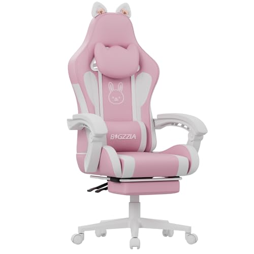 Racingreat Gaming-Stuhl mit Katzenohren, Ergonomischer Gamer Chair mit Lendenwirbelmassage Fußstütze Kopfstütze, Höhen + 90° - 135° Neigungsverstellung, PC-Stuhl für Frauen Erwachsene (Rosa Weiß)