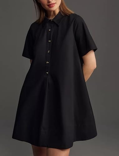 Women Short Sleeve Swing Tunic Mini Dress Oversized Button Down Shirt Dress Summer Casual Flowy A Line Dress3