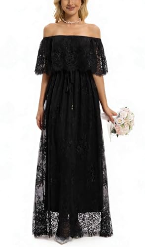 Image of HOYISHION Women's Off The Shoulder Floral Lace Maxi Dress White Bridesmaid Wedding Party Maternity Photoshoot Long Dresses