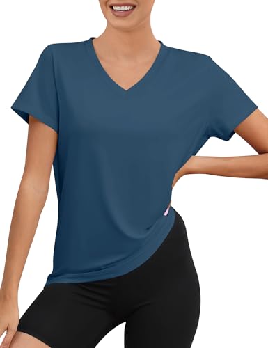 Rapbin Women's Sport Tops Short Sleeve Running Shirts V Neck Breathable Quick Dry Gym Running T-Shirt UPF 50+ UV Protection Loose(Navy Blue,XL)
