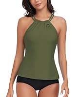 WOWENY Damen Tankini Oberteil Bikini Tank Top Bademode Crossback Strappy Swim Top Oberteil Schnell Trocknend Sommer Padded Swimsuit Shirt,M,Olivgrün