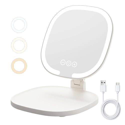 Espejo de maquillaje de viaje recargable, tocador de mesa portátil con iluminación de 3 colores 2
