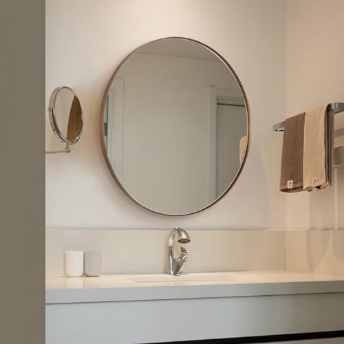 Image of ANDY STAR Round Wall Mirror, 30 Inches Brushed Bronze Bathroom Mirror, Modern Vanity Mirror in Stainless Steel Frame