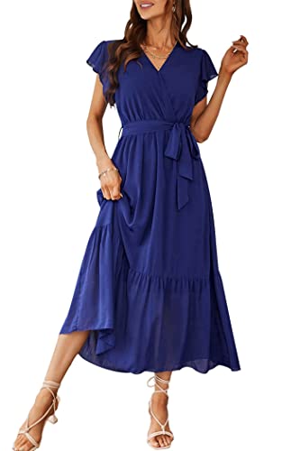 PRETTYGARDEN Women's Summer Floral Boho Maxi Dress Wrap Short Sleeve V Neck Ruffle A-Line Flowy Wedding Guest Long Dresses