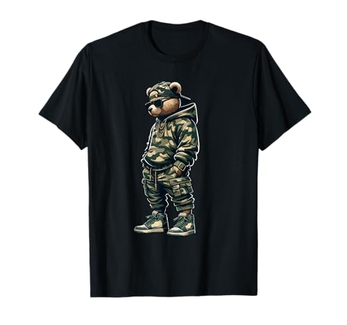 Graphic Camo Hip Hop Teddy Bear Cool Rapper Streetwear T-Shirt
