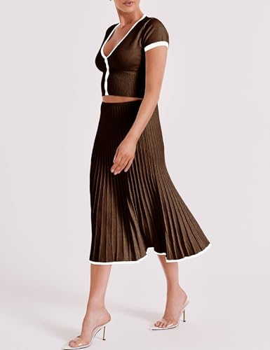 Tanming Women's Two Piece Skirt Set Casual Short Sleeve Crop Top Ribbed Knit Midi Pleated Skirt4