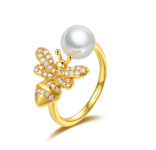 925 Silver Rose Gold 14K Gold Cute Tiny Honey Bee Pearl Adjustable Ring Wedding Band Animal Lucky Honey Bee Ring Cubic Zirconia Bumble Warp Open Rings Jewelry Gift for Women Girls
