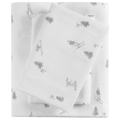 True North by Sleep Philosophy Flannel Sheets Twin Size, Cozy 100% Cotton Flannel Bed Sheets, Ultra Soft Cute Sheet Set, Elastic Pocket Fits Up to 12" Mattress, Skiiers 3 Piece