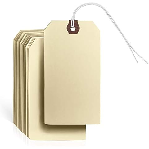 GILLRAJ® Shipping Tags with Strings Pre- Attached, Size 4 3/4 x 2 3/8 inches - Pack of 100 - Manila Paper Hang Tags Labels Reinforced Eyelet Hole Cover