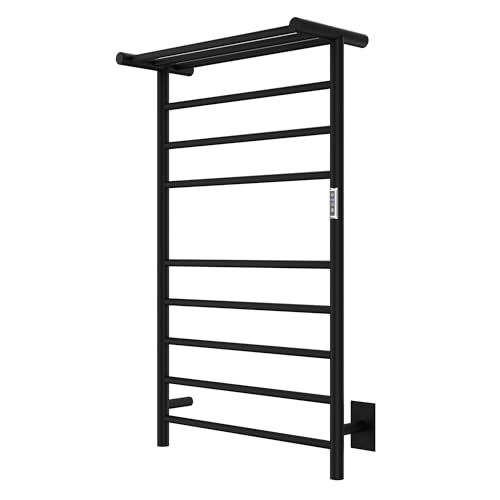 ANZZI Eve Modern 8-Bar Wall Mounted Towel Warmer with Top Shelf in Matt Black, Energy Efficient 93W Electric Plug in Heated Towel Rack, Towel Heater Rail with On/Off Switch, TW-AZ012MBK