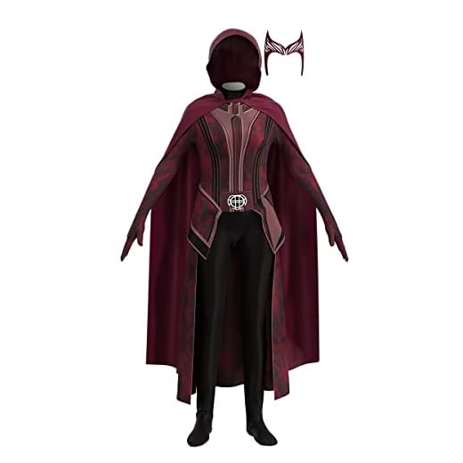 Puruuige Disfraz de bruja escarlata de Wanda Maximoff para cosplay, capa superior de Wanda Vision, accesorio para la cabeza, disfraz de Halloween para adultos y niños