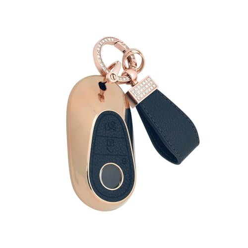 Image of Keyzone Litchi Leather Textured TPU Key Cover & Keychain for S-Class, G-Class, E-Class 2022 Onwards, 3 Button Smart Key (Blue)