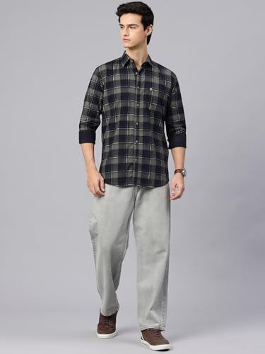 Image of Majestic Man Men Comfort Slim Fit Opaque Checked Pure Cotton Casual Shirt