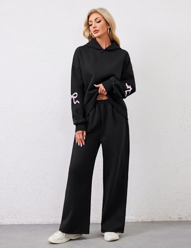 OLAPTA Women 2 Piece Outfits Bow Print Long Sleeve Hoodies Sets Graphic Sweatshirts Baggy Wide Leg Sweatpants Fall Sweatsuits3
