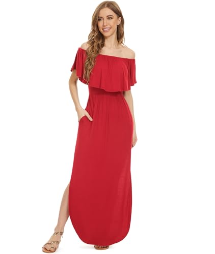 Image of LILBETTER Womens Off The Shoulder Ruffle Party Dresses Side Split Beach Maxi Dress