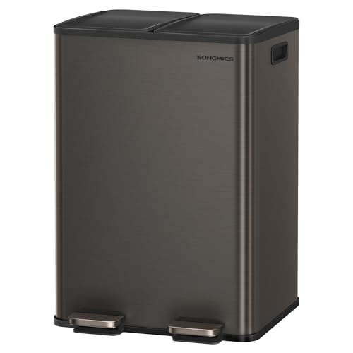 SONGMICS Trash Can, 2 x 8 Gallon (2 x 30 L) Dual-Compartment Garbage Can with Soft-Close Lid, Pedal and Inner Buckets, Stainless Steel, Includes 15 Liner Bags, Slate Gray ULTB741G01