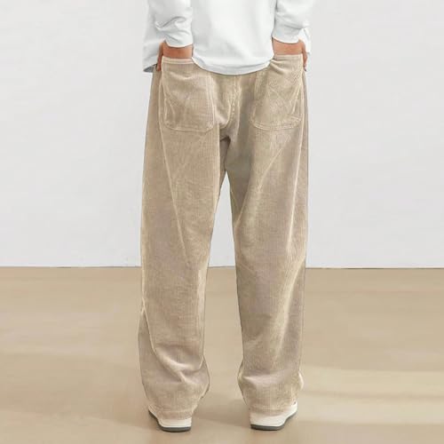 Corduroy Pants Men Relaxed Fit Casual Fashion Elastic Waist Mens Dress Pants Slim Fit Stretch Wide Leg Drawstring Cord Comfort Loose Classic Vintage Work Pants Y2K with Pockets Beige L3