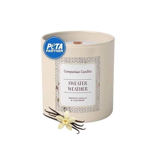 Companion Candles Sweater Weather Pet-Friendly Scented Candle Smoked Vanilla & Cashmere Fragrance - Coconut Soy Wax Candle with Wooden Wick Approx. 50-Hour Burn Time Made in USA 11.8 oz