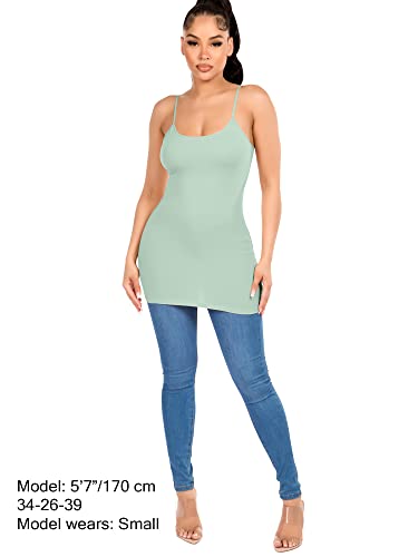 Image of Long Cotton Camisole Tank Tops for Women | Basic Braless Layering Tops with Adjustable Spaghetti Straps