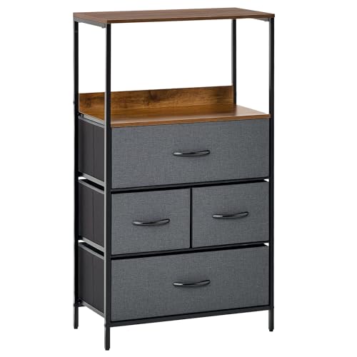 HOMCOM Commode Chambre Meuble de Rangement Commode 4 tiroirs en Tissu Pliables et Amovibles avec étagères Ouvertes et Cadre en métal, chiffonnier pour...