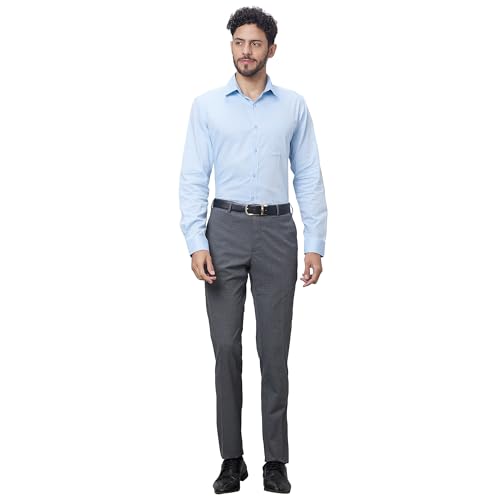 Image of Raymond Men's Slim Fit Mid Rise Structure Pattern Poly Viscose Blend Pleatless Formal Trouser