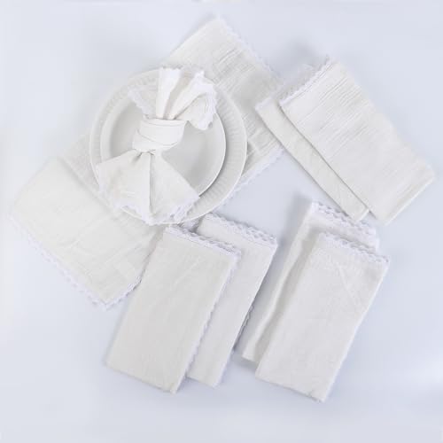 Image of FINGERCRAFT Cloth Napkins Set of 8, 20x20 Inch, Soft Cotton Muslin Dinner Napkins with Lace Edge, Reusable Washable Table Napkins for Wedding, Party, Dining & Home Decor (Off-White)