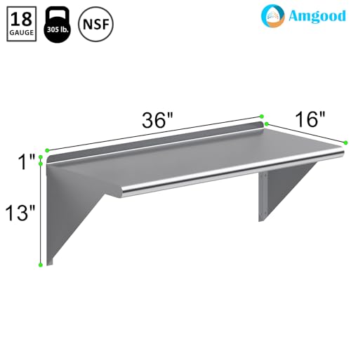 Image of AmGood 36 inch Long X 16 inch Deep Stainless Steel Wall Shelf | NSF Certified | Appliance & Equipment Metal Shelving | Kitchen, Restaurant, Garage, Laundry, Utility Room