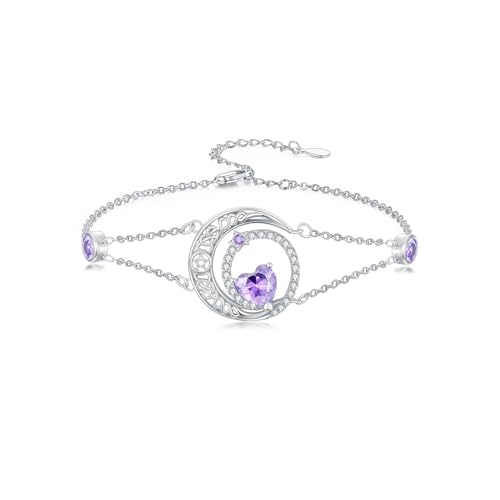 Image of Dorunmo 925 Sterling Silver Moon Heart Birthstone Anklet Bracelets for Women Best Mother's Day Birthday Jewelry for Wife Girlfriend Mom Her