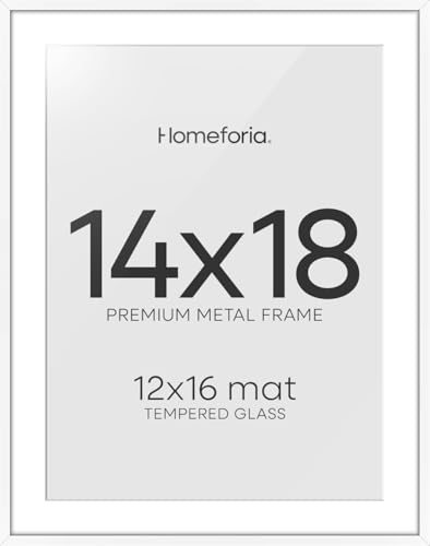 Image of Homeforia 14x18 Picture Frame White, High End Metal 14x18 Poster Frames with Mat 12x16 Photo, 14 x 18 White Frame Matted to 12 by 16 Print, 18by14 Thin Hanging Frames, Tempered Glass, Wall Kit, Set of 2
