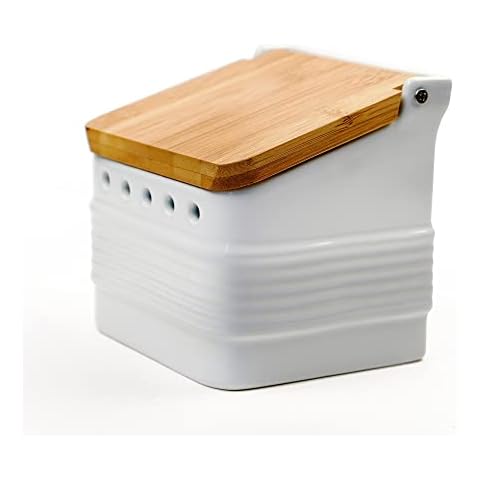 RSVP Stoneware Garlic Keeper with Bamboo Lid Cover